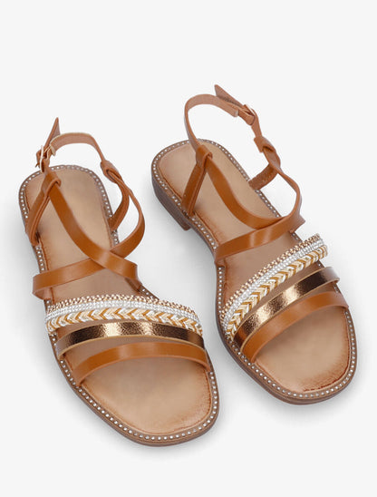 Nu-pieds à tresse et strass - Camel - 4