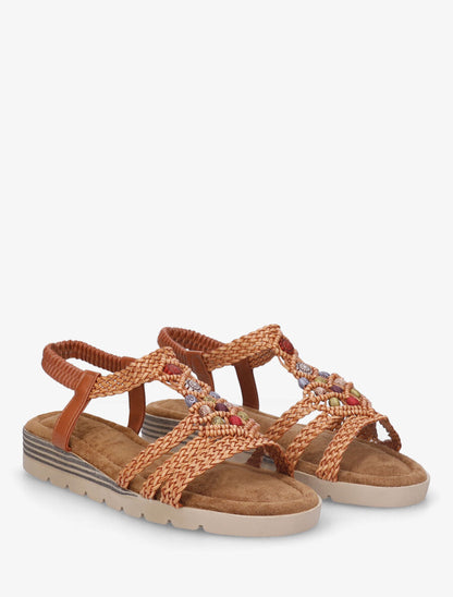 Nu-pieds élastiqués à perles en bois - Camel - 4