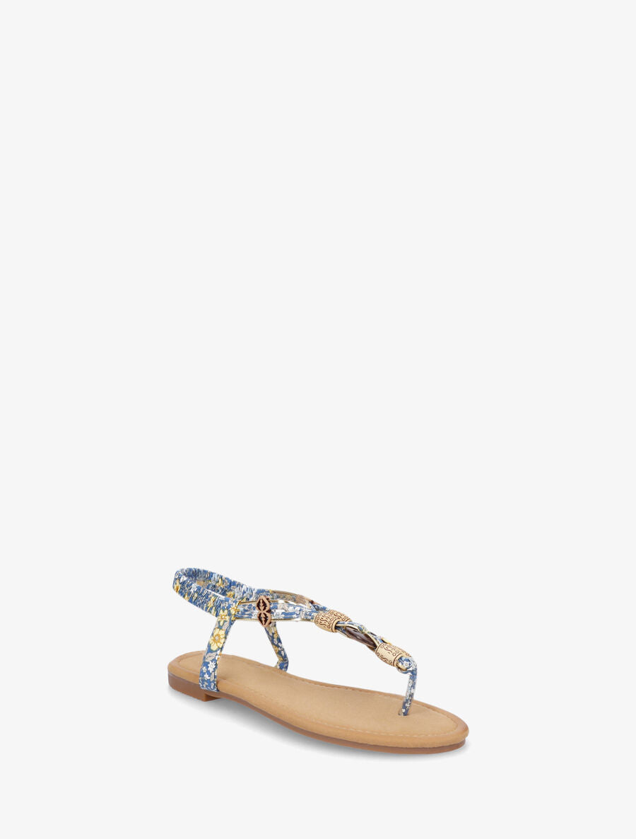 Nu-pieds imprimé fleuri et perles en bois - Bleu - 2