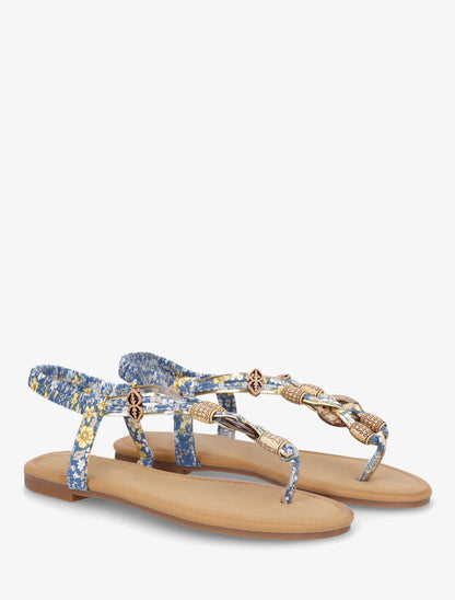 Nu-pieds imprimé fleuri et perles en bois - Bleu - 4