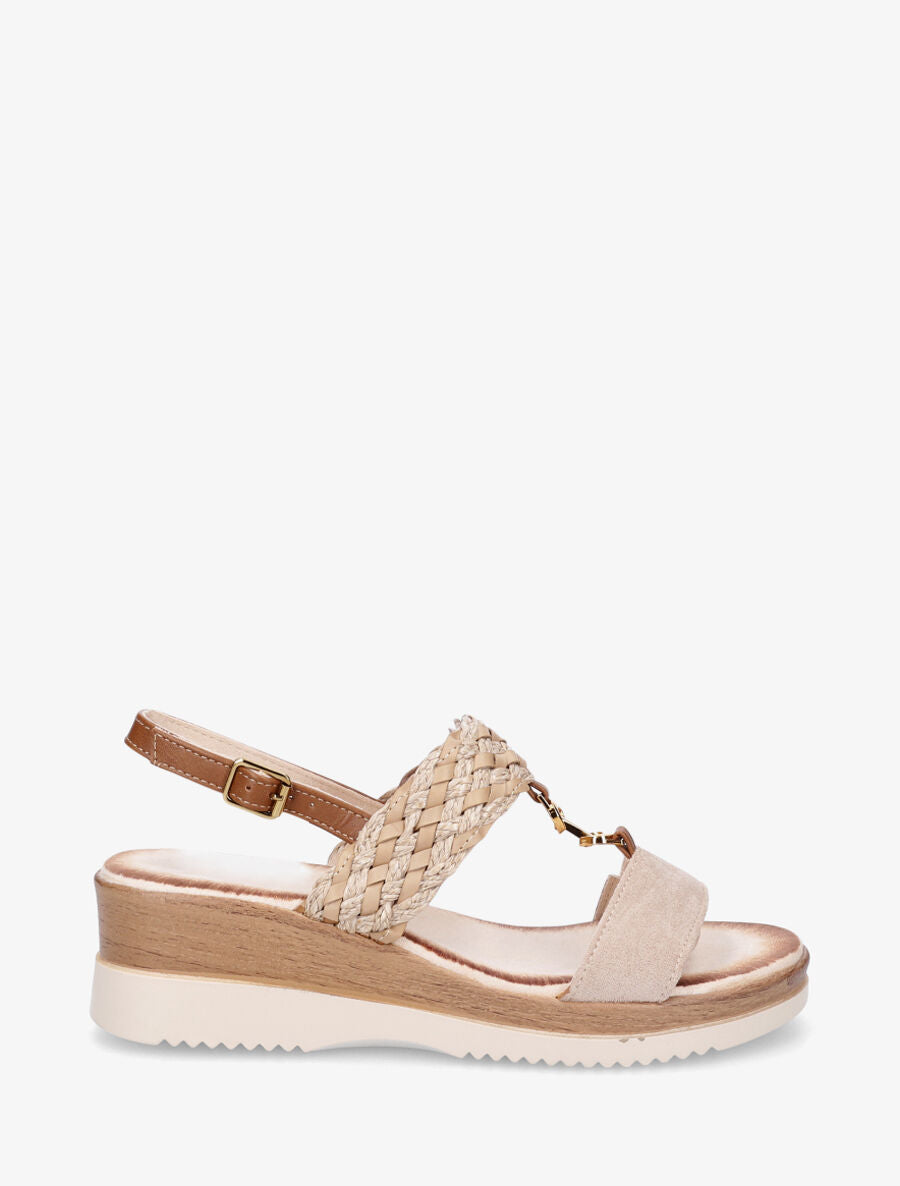 Sandales compensées à brides tissées et suédine - Beige - 1