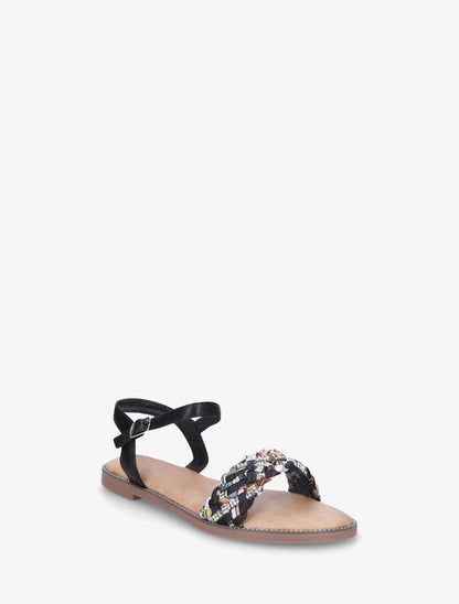 Nu-pieds à brides à foulard fantaisie et strass - Noir - 2