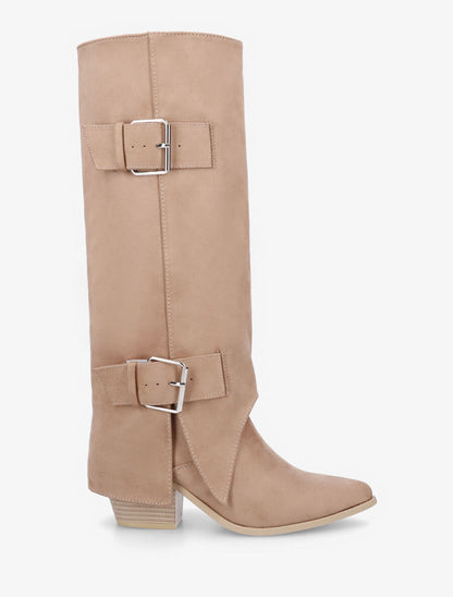 Bottes en suédine à revers et ceinturons - Beige - 1