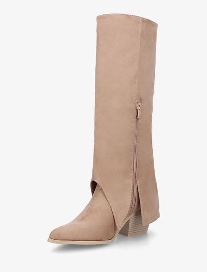Bottes en suédine à revers et ceinturons - Beige - 3
