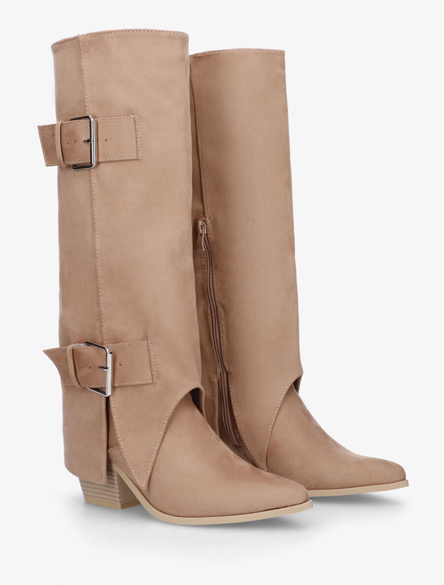 Bottes en suédine à revers et ceinturons - Beige - 4