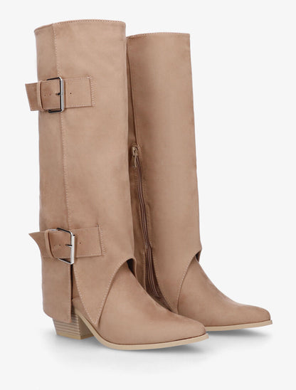 Bottes en suédine à revers et ceinturons - Beige - 4