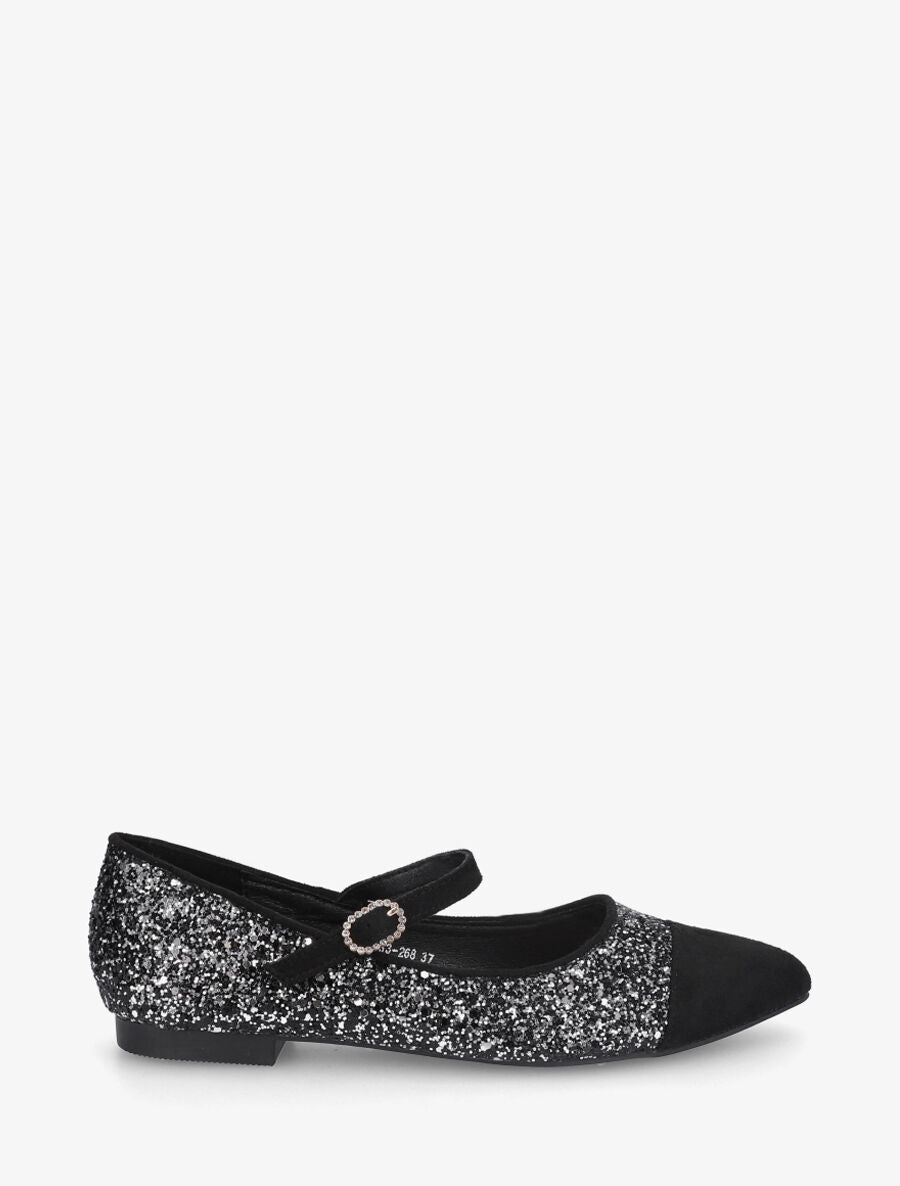 Ballerines en suédine à paillettes et boucle strassée - Noir - 5