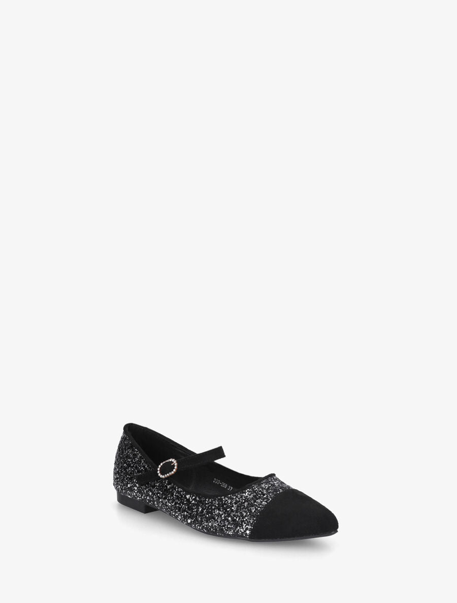 Ballerines en suédine à paillettes et boucle strassée - Noir - 2