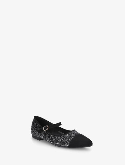 Ballerines en suédine à paillettes et boucle strassée - Noir - 2