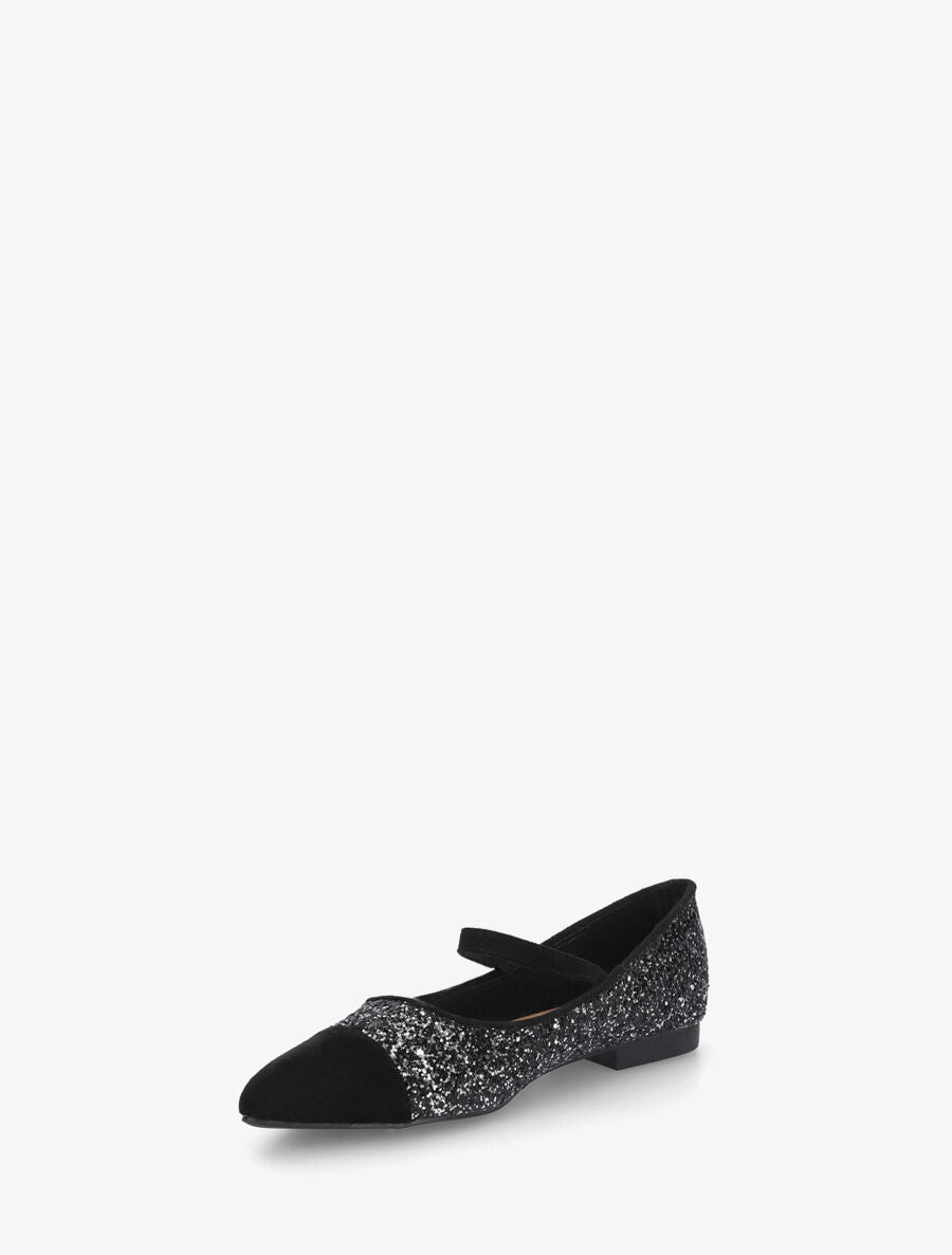 Ballerines en suédine à paillettes et boucle strassée - Noir - 3