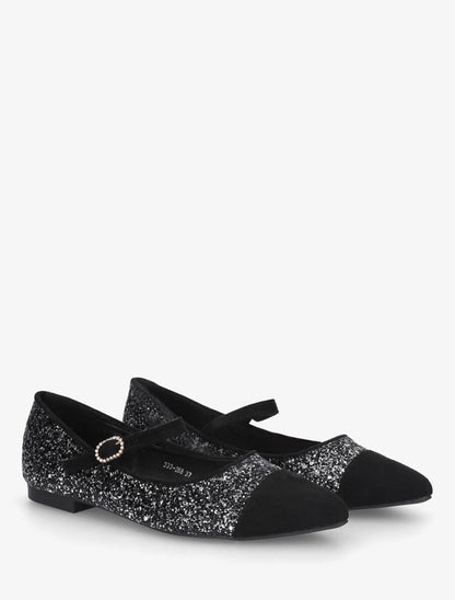 Ballerines en suédine à paillettes et boucle strassée - Noir - 4