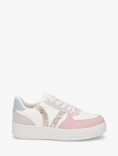 Sneakers à lacets et bandes à paillettes - Rose - 1
