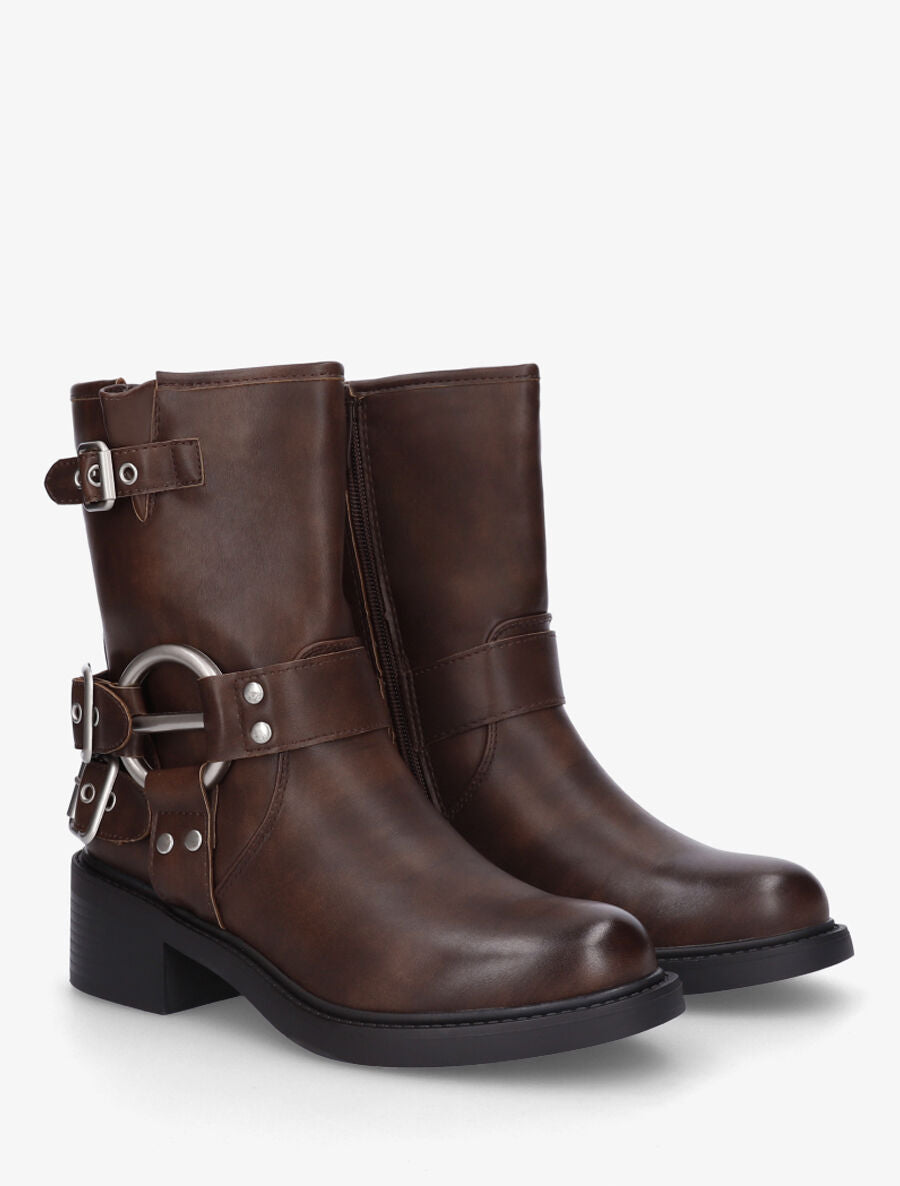 Bottines montantes en simili à boucles - Marron - 4