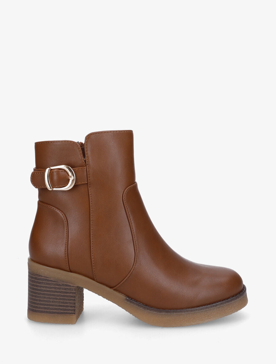 Bottines en simili à talon épais et boucle - Camel - 1