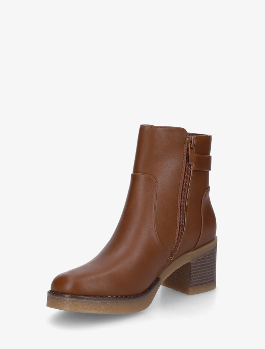Bottines en simili à talon épais et boucle - Camel - 3