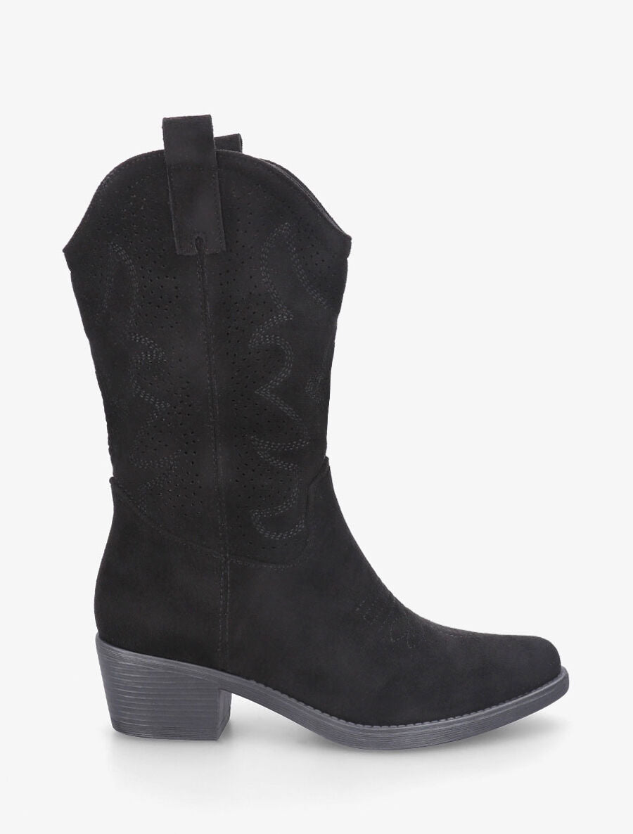 Bottines en suédine ajourées style santiags - Noir - 1