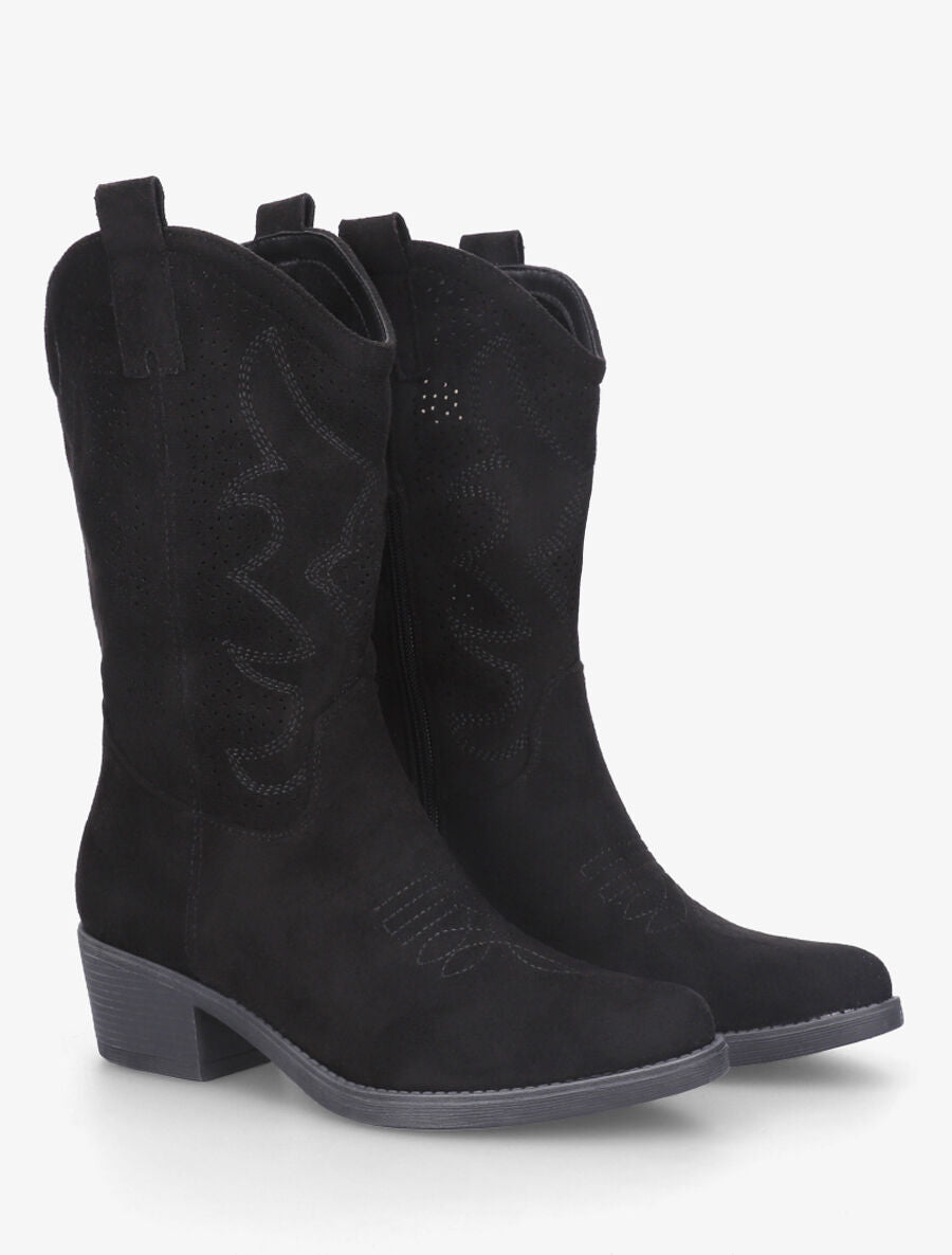 Bottines en suédine ajourées style santiags - Noir - 4
