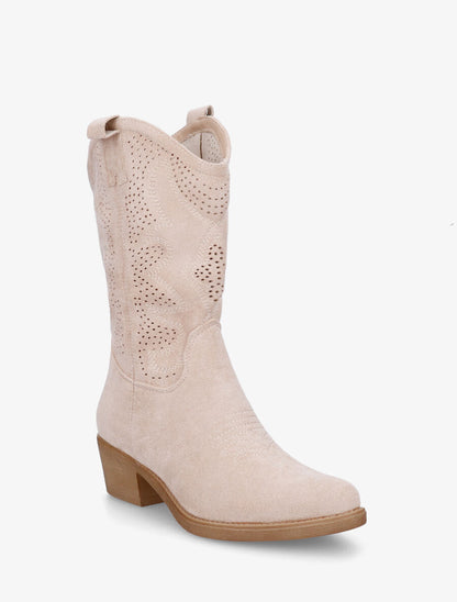 Bottines en suédine ajourées style santiags - Beige - 2