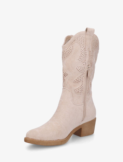 Bottines en suédine ajourées style santiags - Beige - 3