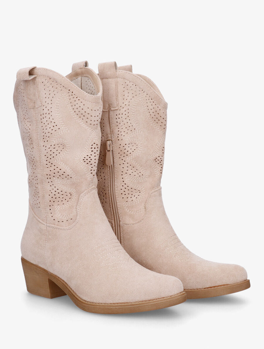 Bottines en suédine ajourées style santiags - Beige - 4