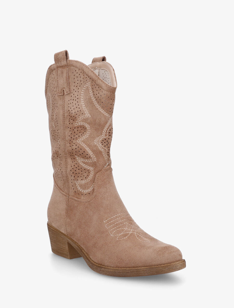 Bottines en suédine ajourées style santiags - Taupe - 2