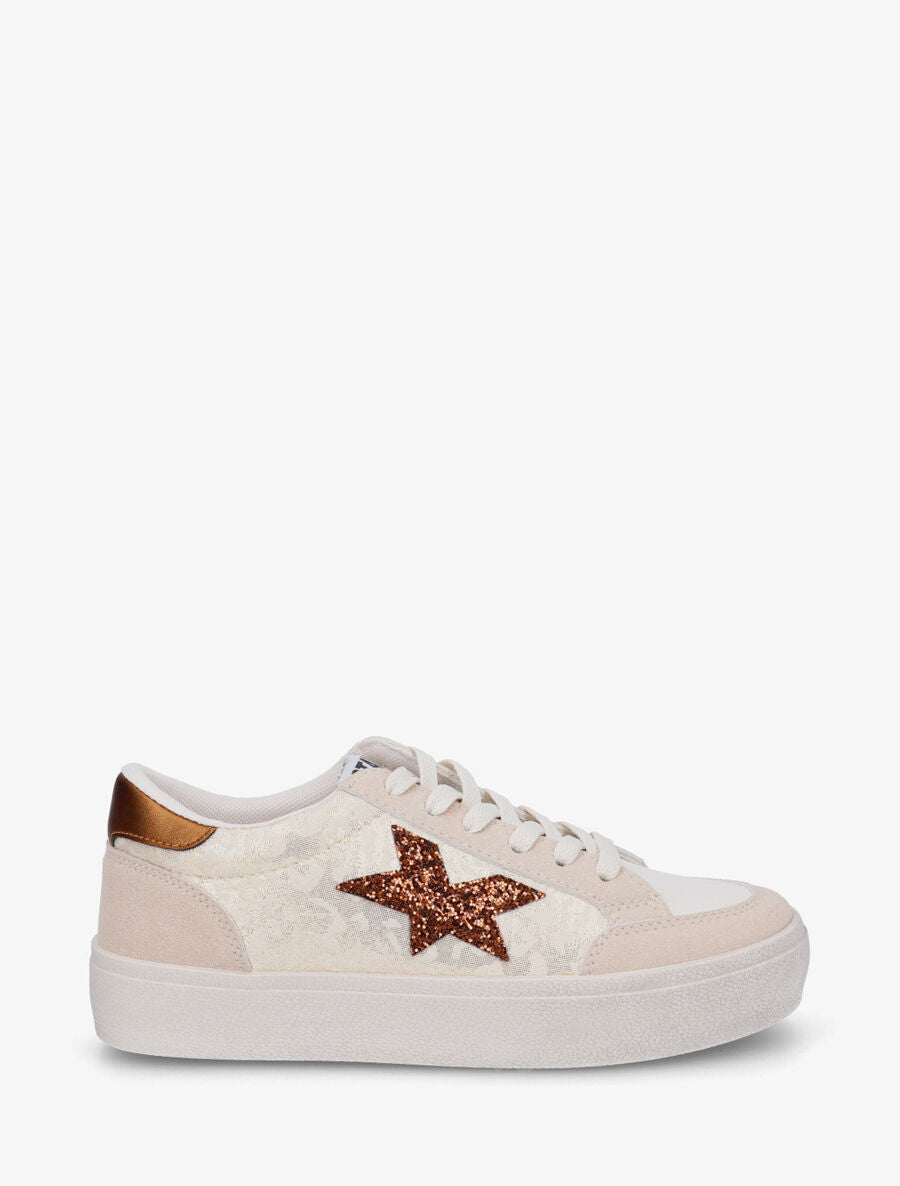 Sneakers bimatière et étoile incrustée - Beige - 1