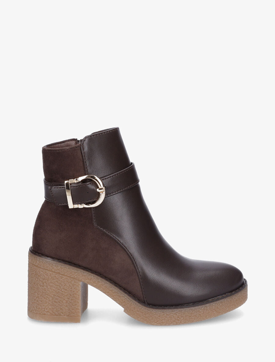 Bottines bi-matière à talon texturé - Marron - 1