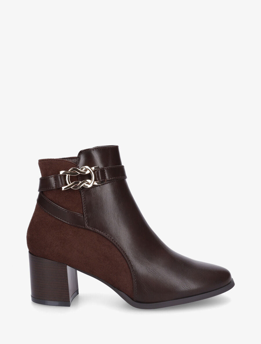 Bottines à talon et boucle décorative - Marron - 5