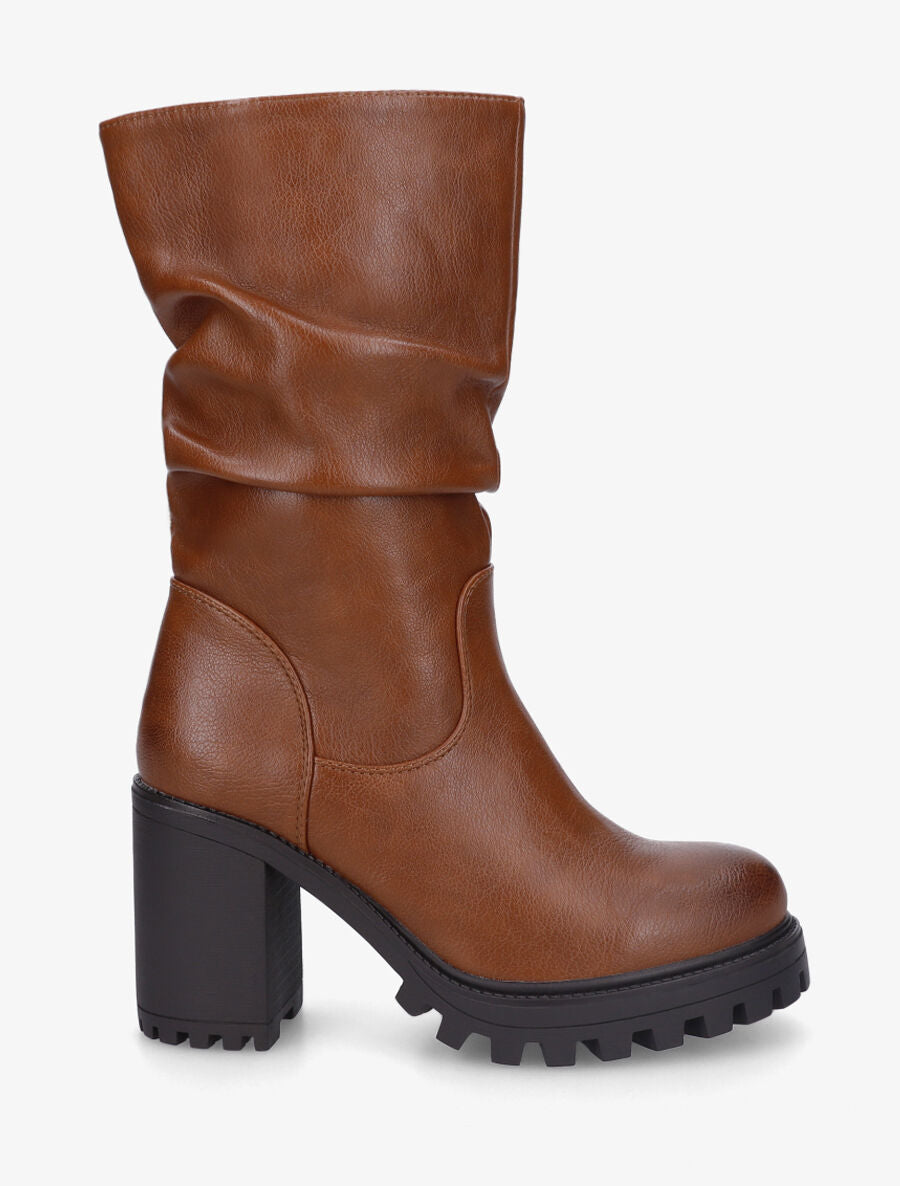 Bottines montantes et plissées en simili - Camel - 1