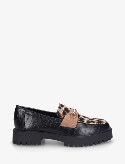 Mocassins en simili imprimé croco et léopard - Noir - 1