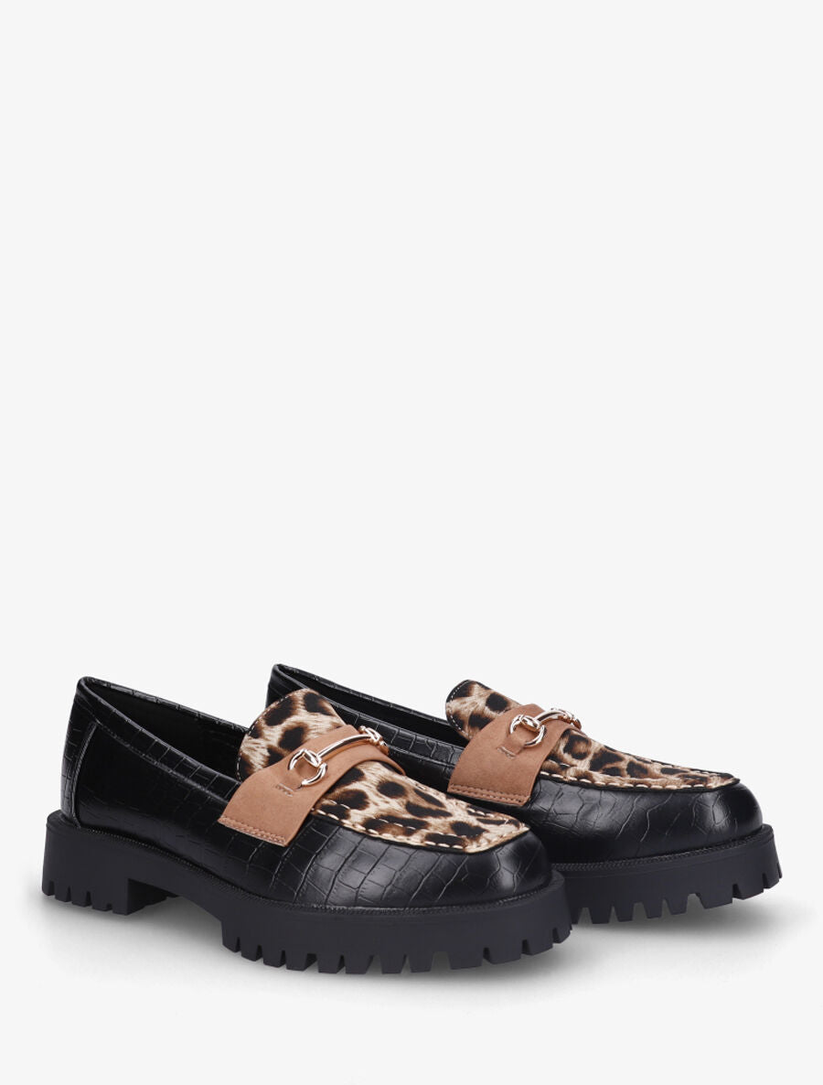 Mocassins en simili imprimé croco et léopard - Noir - 4