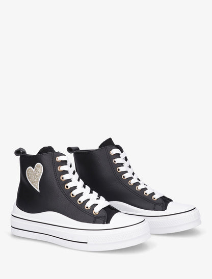 Sneakers en simili à flocage coeur - Noir - 4