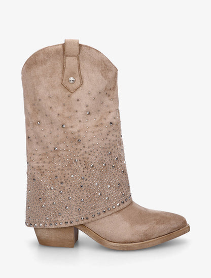 Bottines style santiags à revers strassé - Taupe - 1
