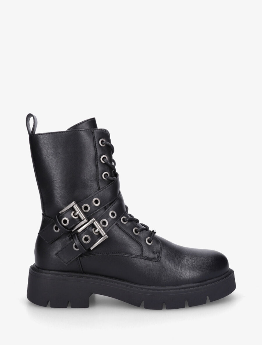 Bottines montantes en simili à double sangles - Noir - 1
