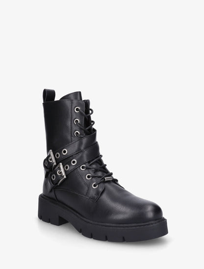 Bottines montantes en simili à double sangles - Noir - 2