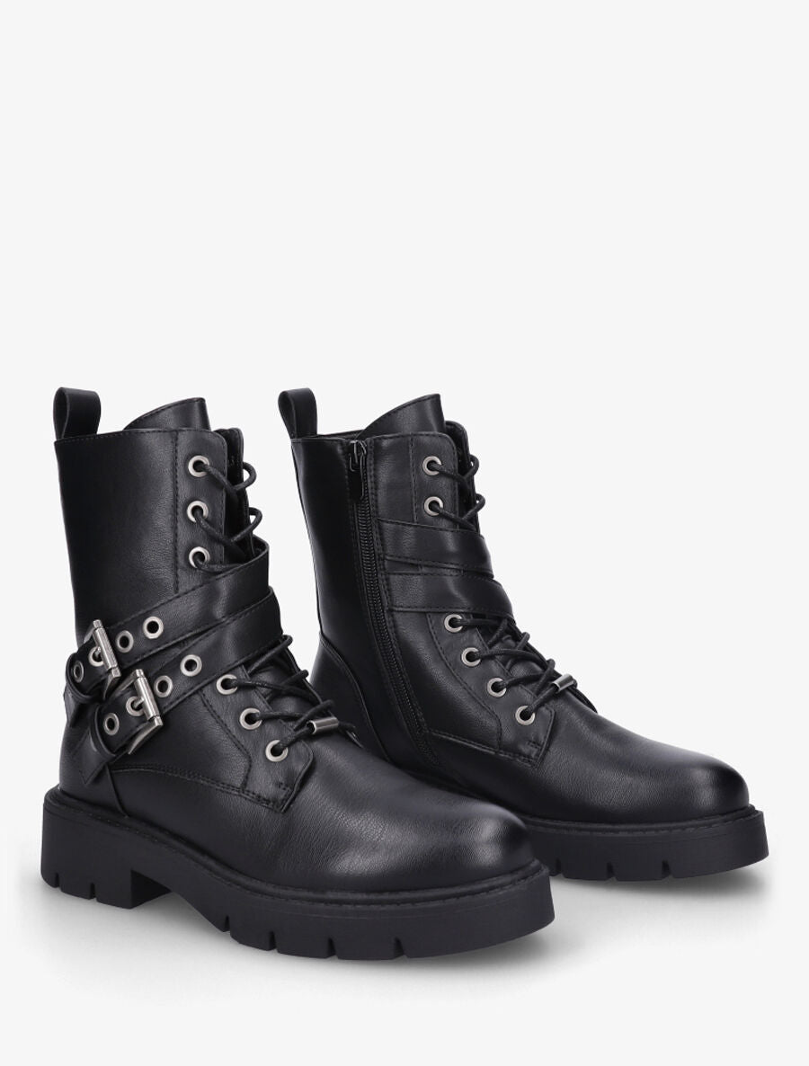 Bottines montantes en simili à double sangles - Noir - 4