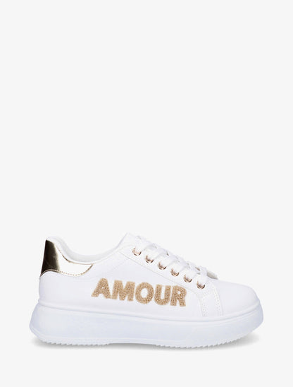 Sneakers en simili à flocage amour et coeur pailleté - Or - 1