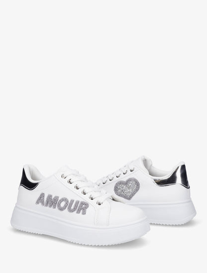 Sneakers en simili à flocage amour et coeur pailleté - Argent - 4