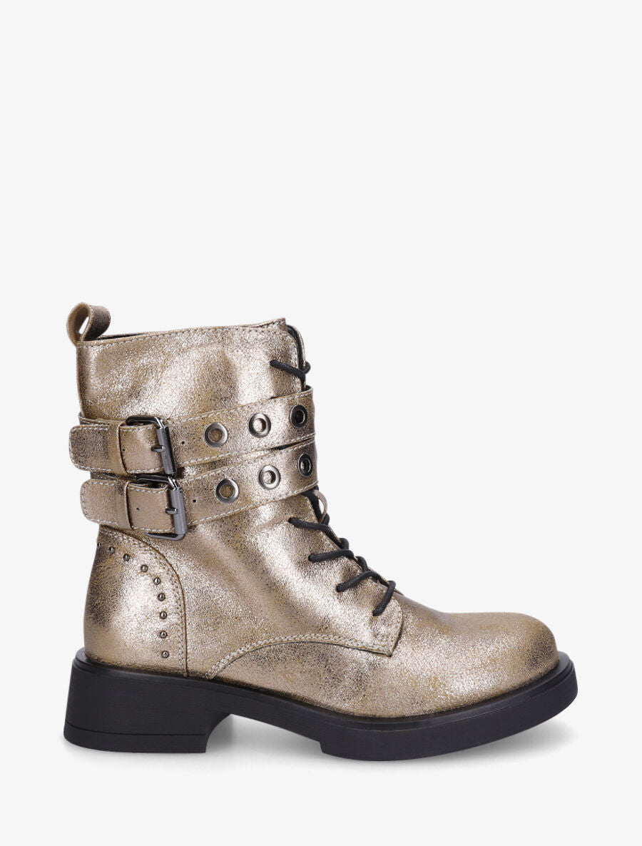 Bottines en simili à double sangles et lacets - Bronze - 1