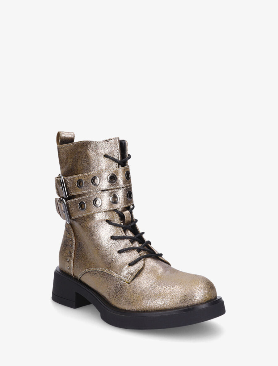 Bottines en simili à double sangles et lacets - Bronze - 2