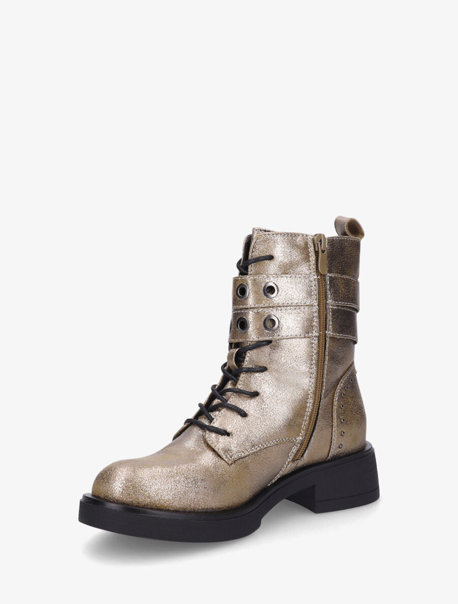 Bottines en simili à double sangles et lacets - Bronze - 3