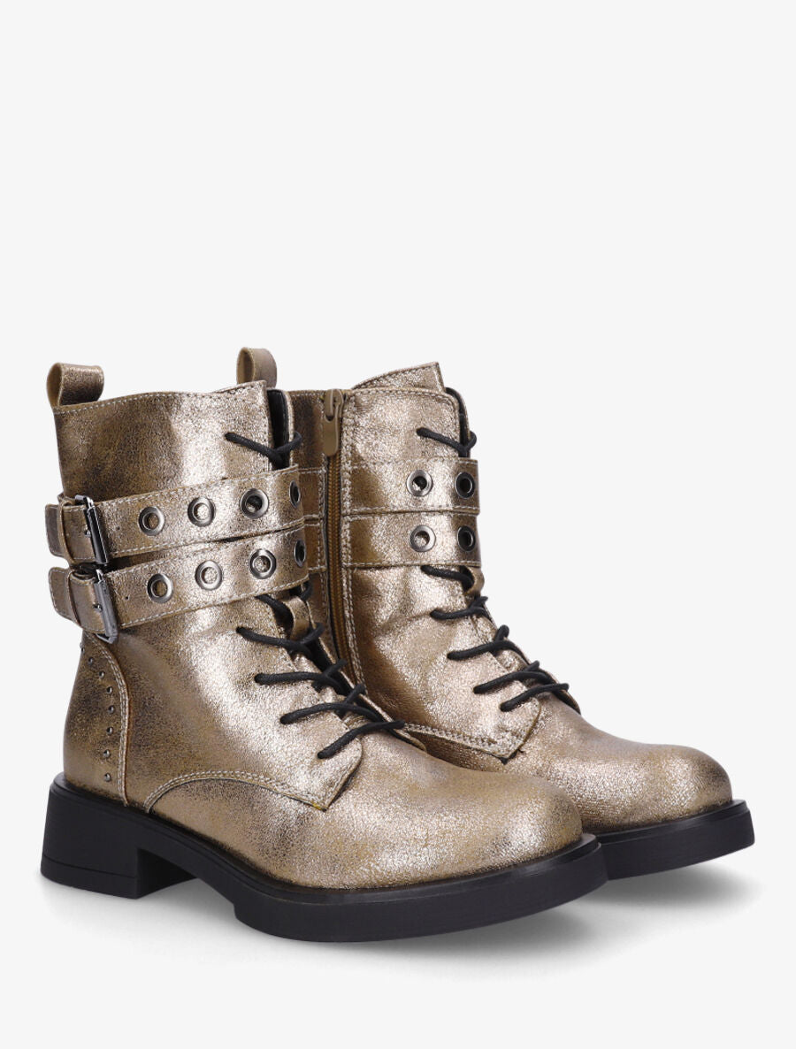 Bottines en simili à double sangles et lacets - Bronze - 4
