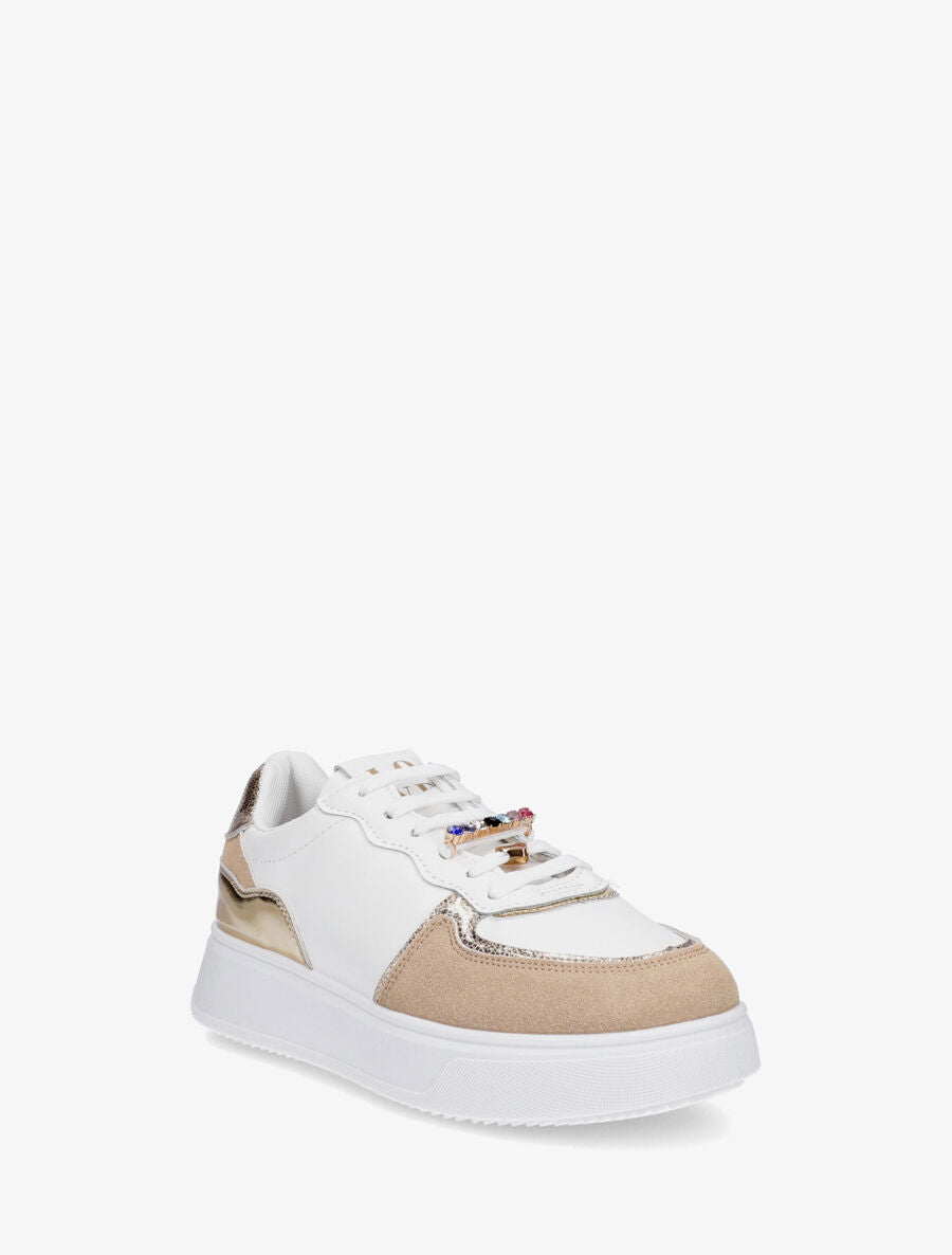 Sneakers bimatière à empiècements bijoux et strass - Taupe - 2