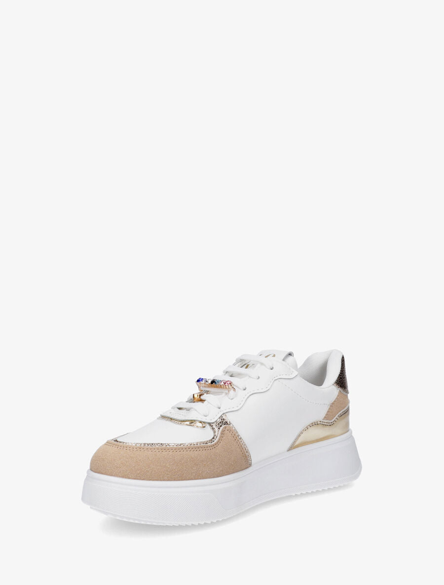 Sneakers bimatière à empiècements bijoux et strass - Taupe - 3