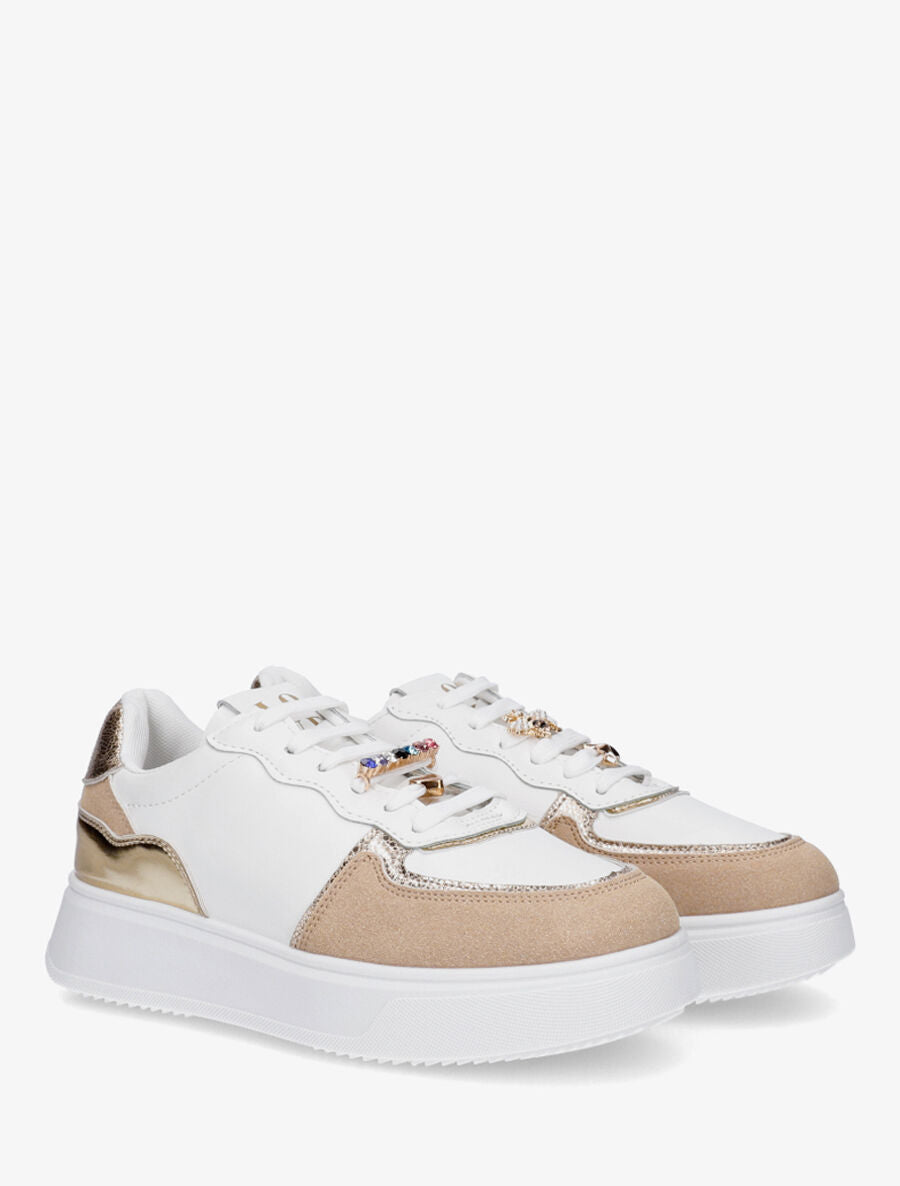 Sneakers bimatière à empiècements bijoux et strass - Taupe - 4