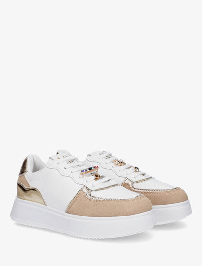 Sneakers bimatière à empiècements bijoux et strass - Taupe - 4