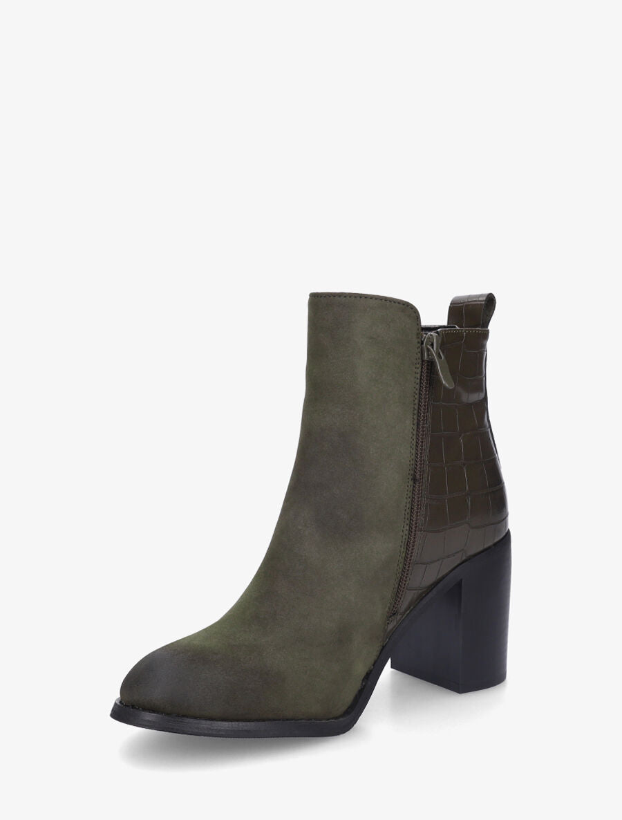 Bottines à talon et contrefort imprimé croco - Kaki - 3