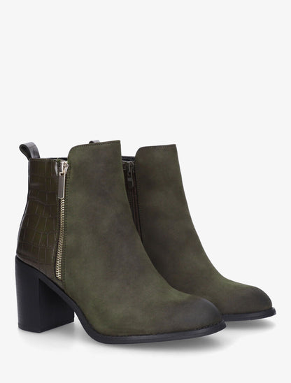 Bottines à talon et contrefort imprimé croco - Kaki - 4