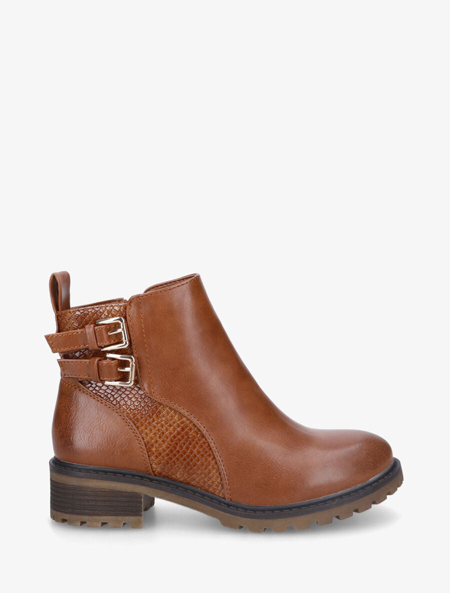 Bottines à doubles sangles et détail croco - Camel - 5
