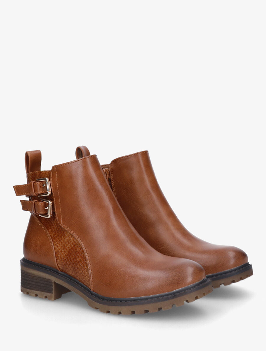 Bottines à doubles sangles et détail croco - Camel - 4
